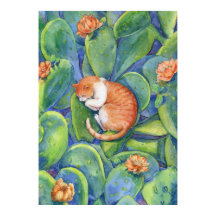 Gato de Raya Roja Durmiendo Entre el Arte de Cactu