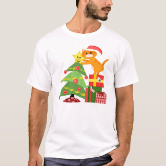 Gato de Santa y camiseta del árbol de navidad