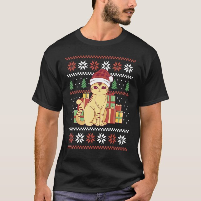 Gato de suéter de Navidad feo con regalos Copos de (Anverso)
