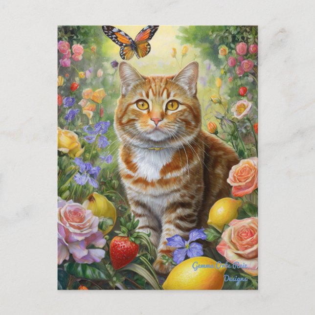 Gato de Tabby con postal de flores (Anverso)