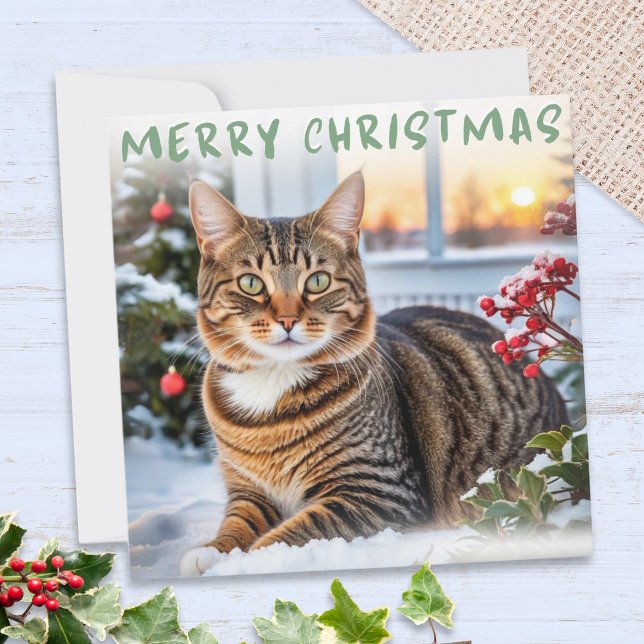 Gato De Tabby En La Nieve Elegante Feliz Navidad (A Christmas card featuring a cute tabby cat in the snow, with ivy, Christmas tree and red berries
)