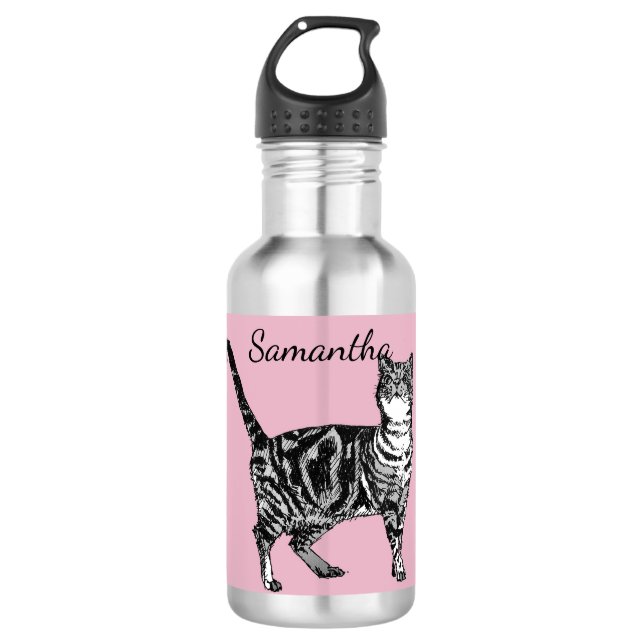 Gato de Tabby Negro Gatos Botella de agua rosa Rub (Anverso)