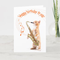 Gato de tarjeta de cumpleaños con saxofón