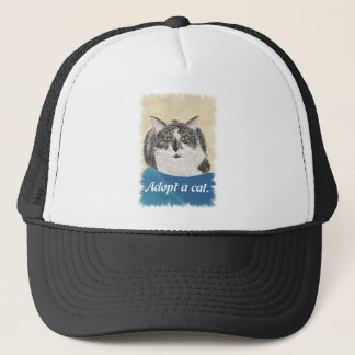 Gato de Tuxedo adopta gorras de promoción de gatos