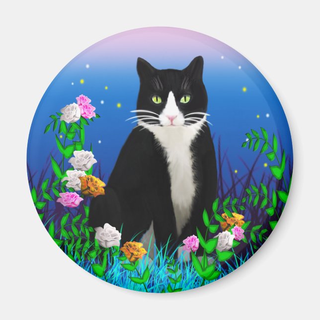 Gato de Tuxedo con imán de flores (Frente)
