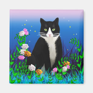 Gato de Tuxedo con imán de flores