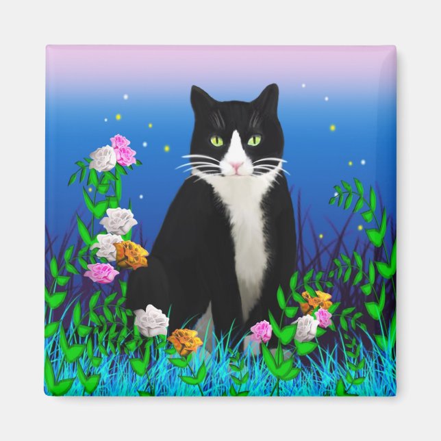 Gato de Tuxedo con imán de flores (Frente)
