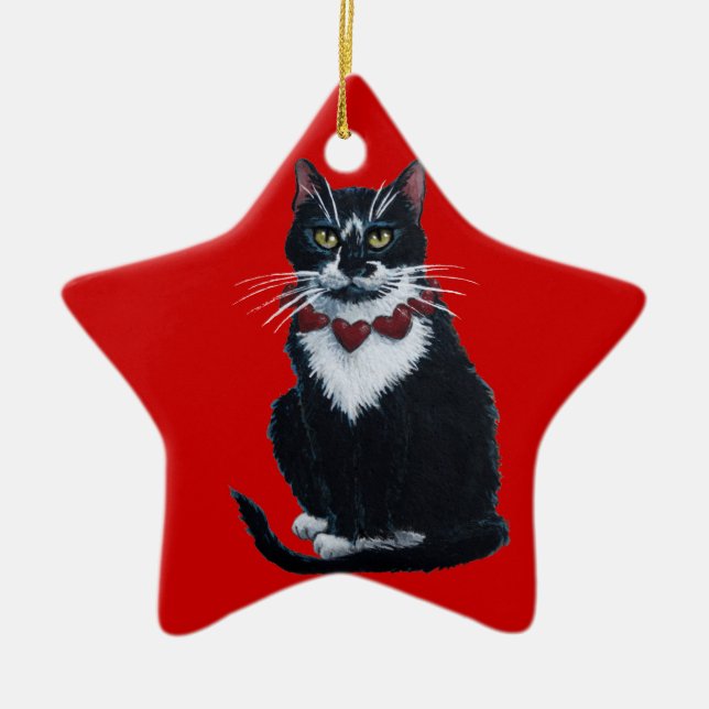Gato de Tuxedo con ornamento de cuello de corazón (Frente)