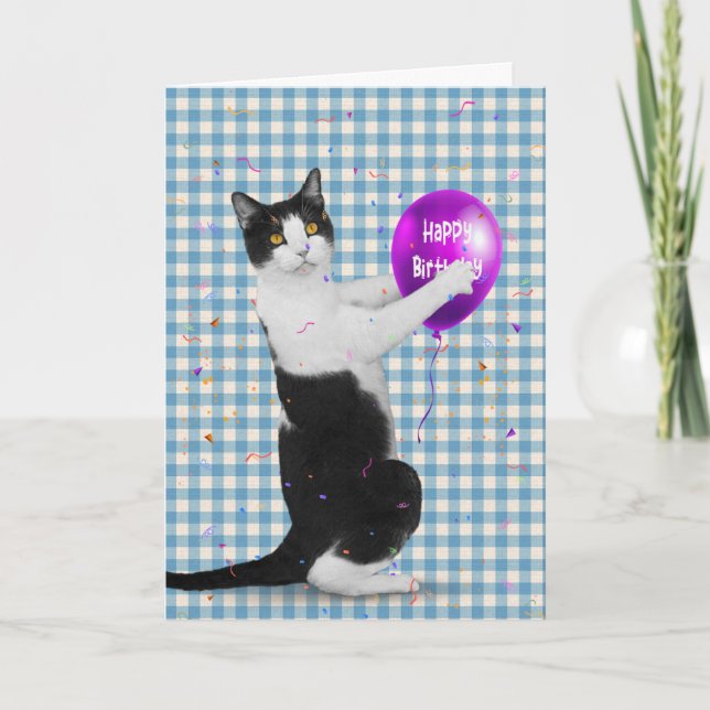 Gato de Tuxedo con tarjeta de globo de cumpleaños (Anverso)
