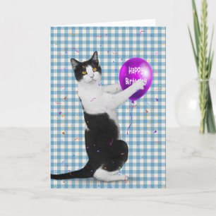 Gato de Tuxedo con tarjeta de globo de cumpleaños