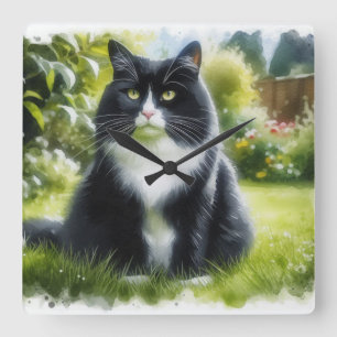 Gato de Tuxedo en el reloj de pared de acuarela de