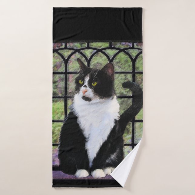 Gato de Tuxedo en la ventana Pintura de arte anima (Toalla de baño)