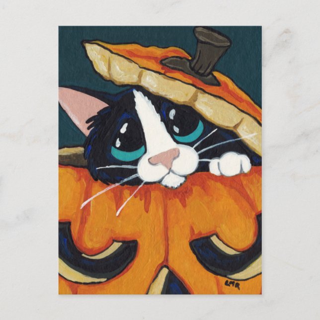 Gato de Tuxedo en postal de Halloween (Anverso)