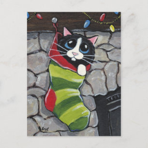 Gato de Tuxedo en una postal de arte para Navidade