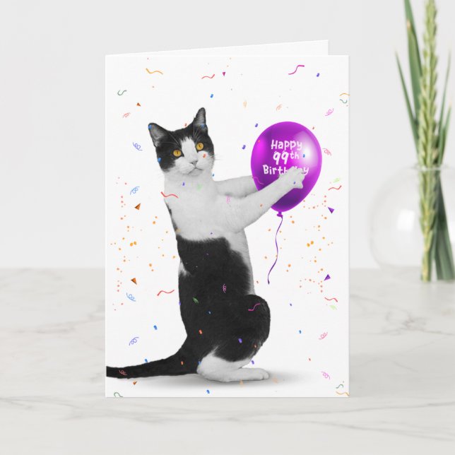 Gato de Tuxedo y tarjeta de globo de cumpleaños 99 (Anverso)
