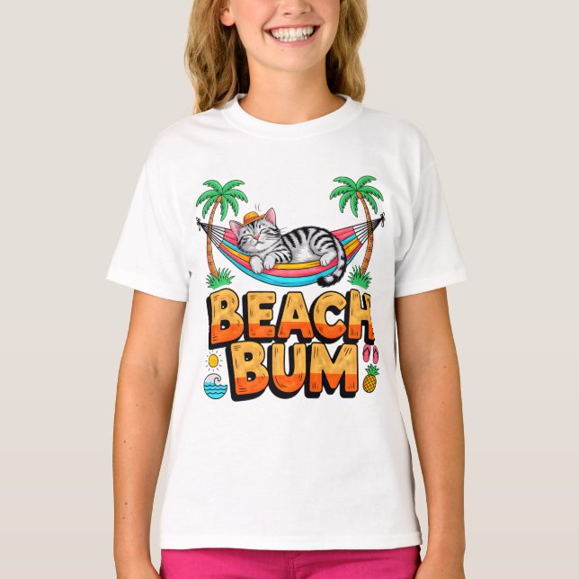 Gato de Verano Playa Vagabundo - Camiseta para Niñ (Anverso)