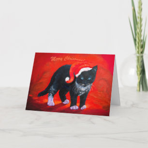 Gato del gatito del navidad blanco y negro en rojo