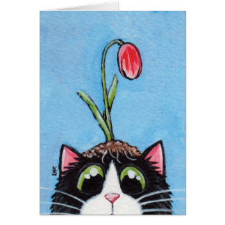 Gato del smoking con el tulipán en la cabeza -