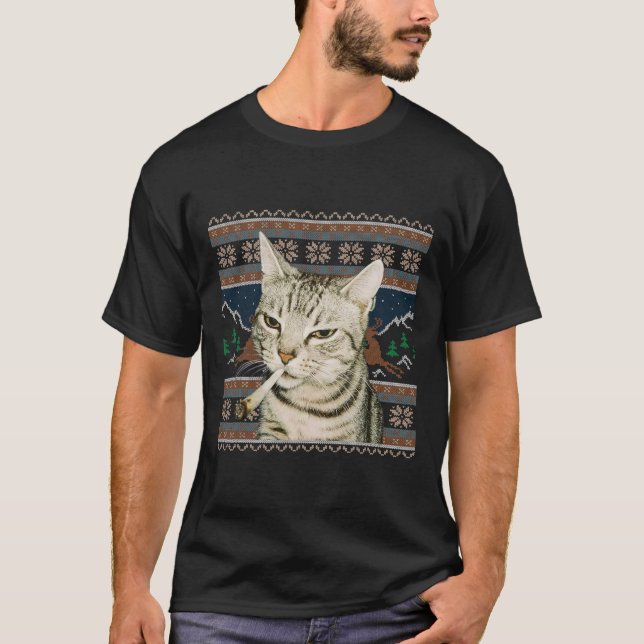 Gato Divertido Fumando Meme Navidad Suéter Feo Gat (Anverso)