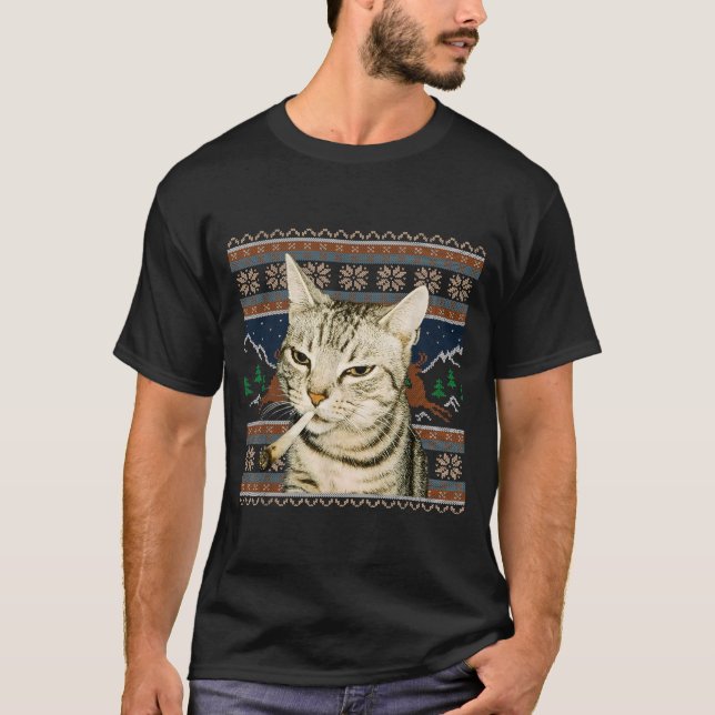 Gato Divertido Fumando Meme Navidad Suéter Feo Gat (Anverso)