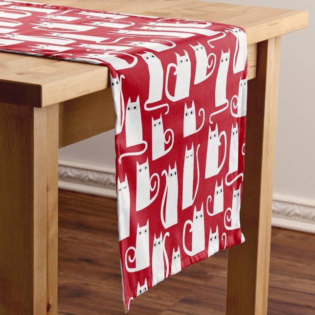 Gato divertido mantel rojo y blanco (Red and white kitty cat festive table runner)