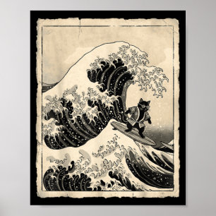 Gato Divertido Surf Japonés Arte Gatito Anime