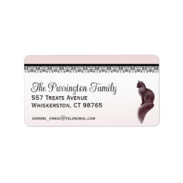 Gato elegante, rosa y negro, etiqueta de dirección