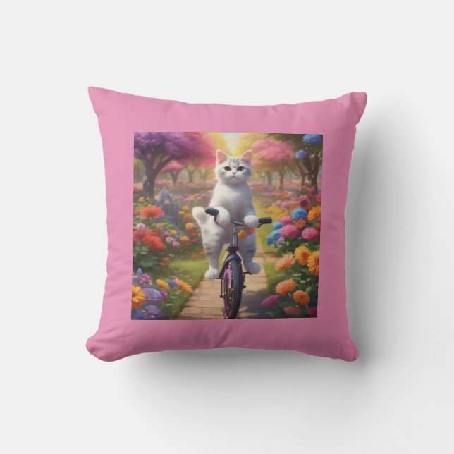 Gato en bicicleta en almohada colorida de flores (Anverso)