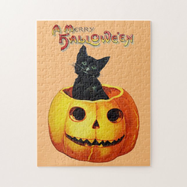 Gato en calabaza rompecabezas de Halloween (Vertical)