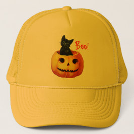 Gato en el Gorra de Halloween de calabaza
