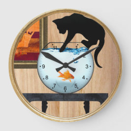 gato en el reloj de pared del tazón de pescado