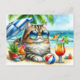 Gato en el tiempo de playa y postales de cócteles