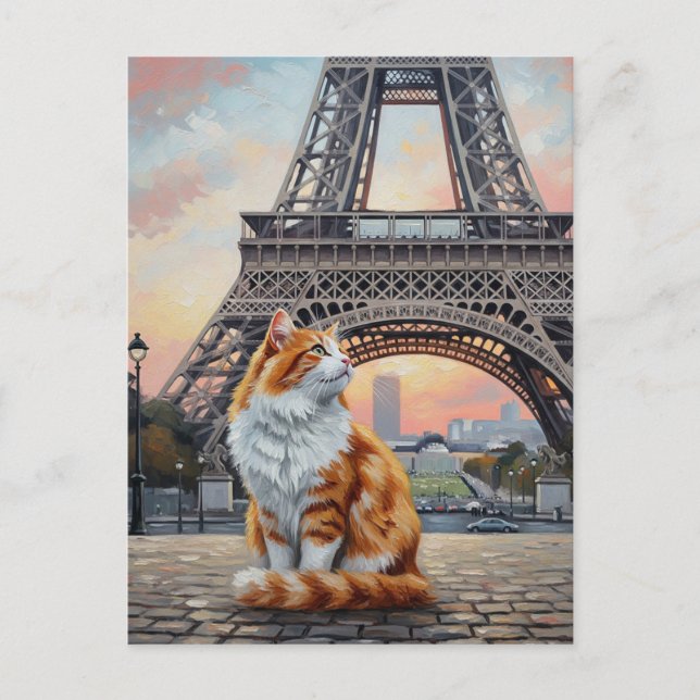 Gato en la postal de la Torre Eiffel de París (Anverso)