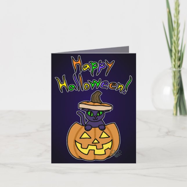 Gato en la tarjeta de halloween Jack-o'-Lantern (Anverso)
