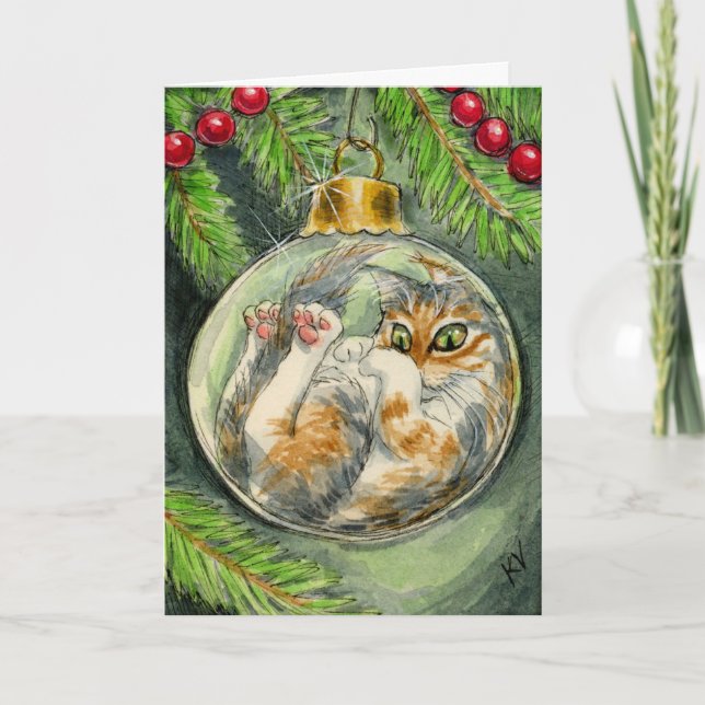 Gato en la tarjeta del ornamento del navidad (Anverso)