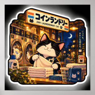 Gato en lavandería 24H Arte nocturno japonés de la