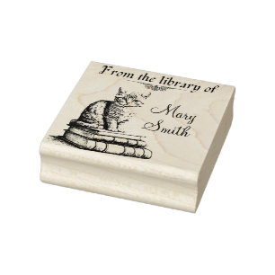 Gato en libros Sello de arte maderero personalizad