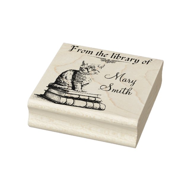 Gato en libros Sello de arte maderero personalizad (Sello)