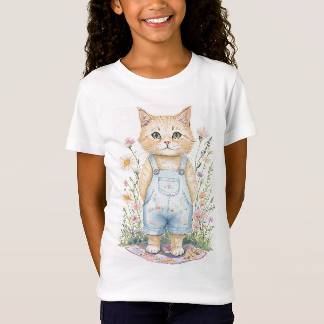 Gato en overalls en camiseta con flores silvestres (Anverso)
