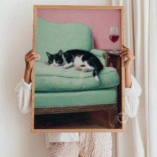 Gato en Sofá con Arte de Pared de Vino Impresión P