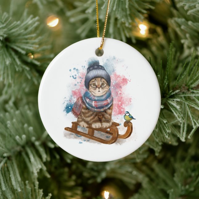 Gato En Un Ornamento Personalizable Sled (Árbol)