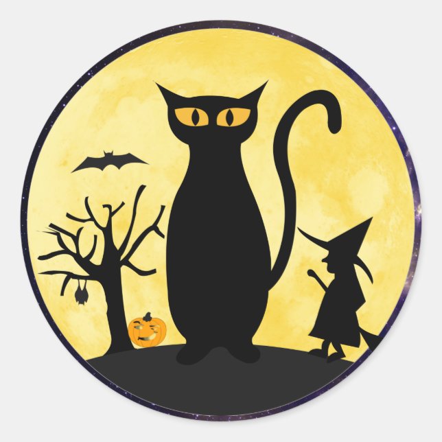 Gato en un Pegatina de Halloween Moon Sello para s (Anverso)