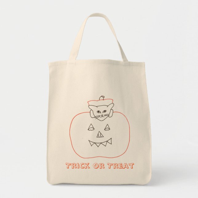 Gato en una calabaza bolsas de dibujo de Halloween (Frente)