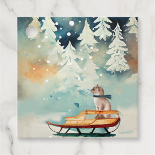 Gato en una espoleta en una etiqueta de regalo de 