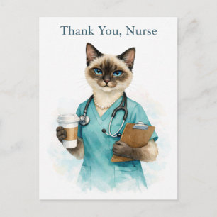 Gato enfermera con café con tarjeta de agradecimie