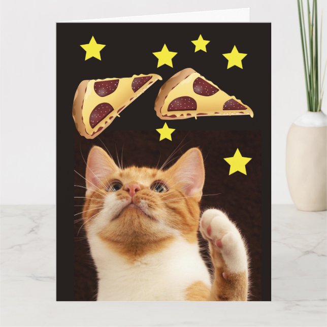 GATO ESPACIAL CON TARJETA DE CUMPLEAÑOS DE PIZZA (Anverso)