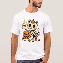 Gato Esqueleto Adorable con Camiseta de Calabaza