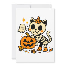 Gato Esqueleto Adorable con Invitación de Calabaza