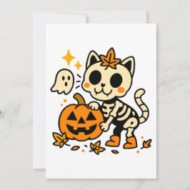 Gato Esqueleto Adorable con Invitación de Calabaza