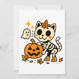 Gato Esqueleto Adorable con Invitación de Calabaza